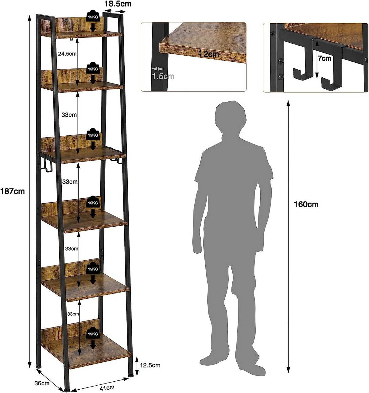 24goodz Standing Shelf with 6 Levels - Stylish and Practical - MDF + Metal - Black + Dark Oak - 41 x 187 x 36 cm - hov