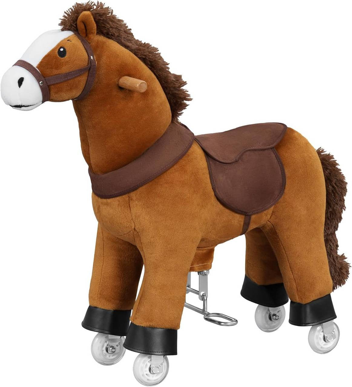 24goodz Plush Rocking Horse on Wheels - Innovative Drive System - Safe and Durable - Wood and Metal - For Children from 3 years - Brown + White + Black