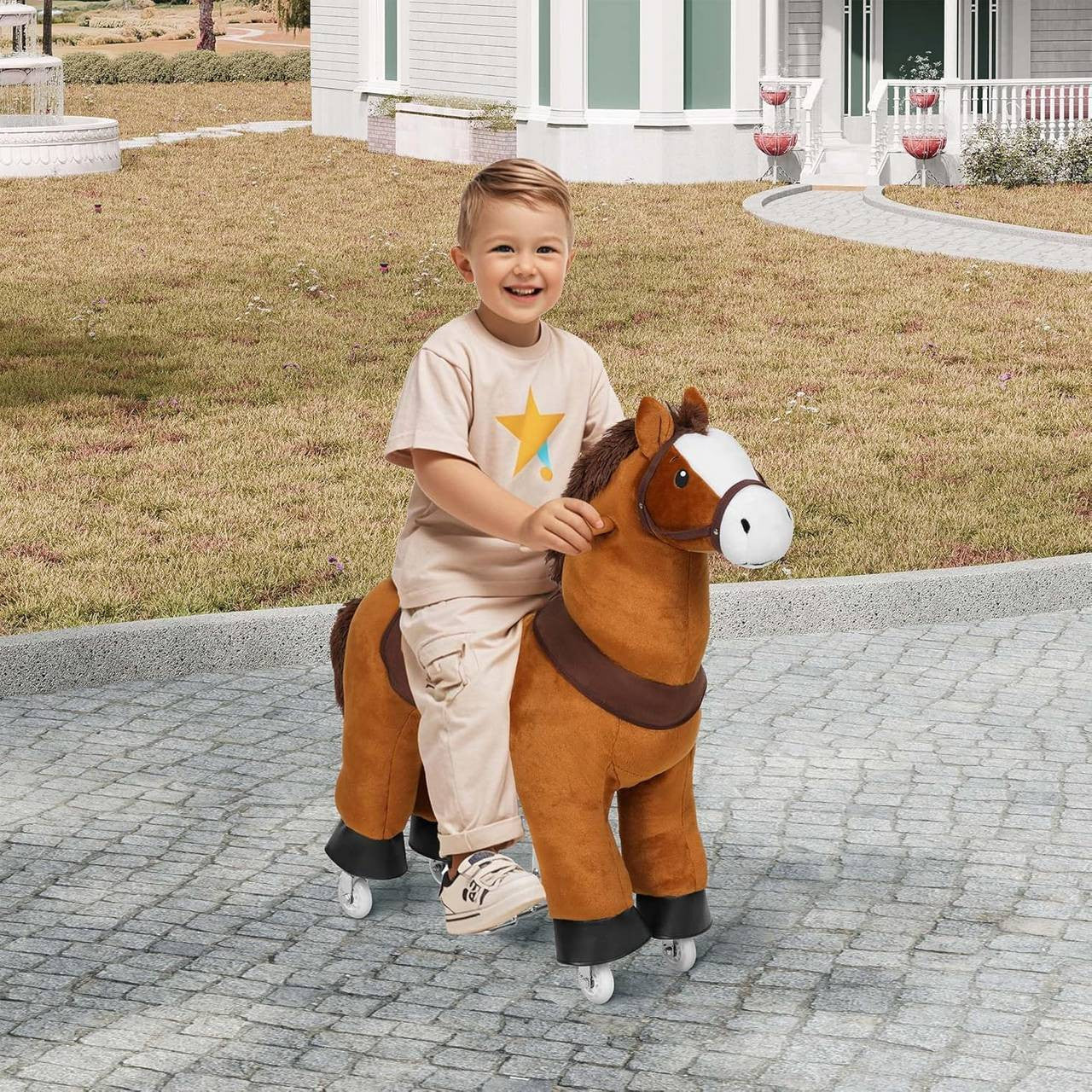 24goodz Plush Rocking Horse on Wheels - Innovative Drive System - Safe and Durable - Wood and Metal - For Children from 3 years - Brown + White + Black