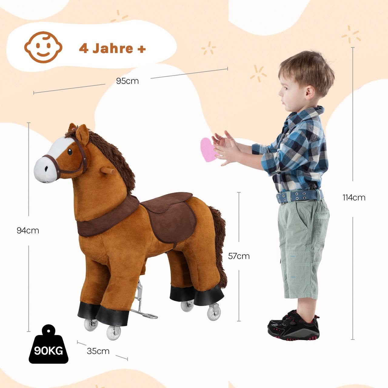 24goodz Plush Rocking Horse on Wheels - Innovative Drive System - Safe for Indoor and Outdoor Use - Plush and Metal - For Children from 4 years - Brown + White + Black