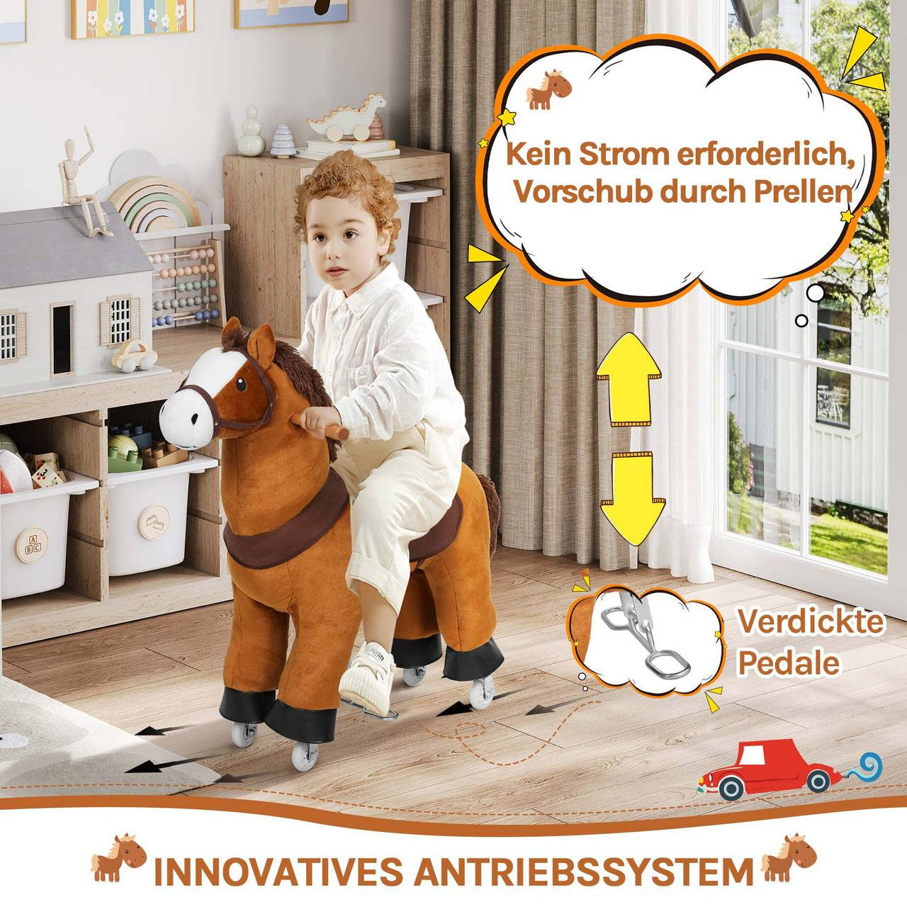 24goodz Plush Rocking Horse on Wheels - Innovative Drive System - Safe for Indoor and Outdoor Use - Plush and Metal - For Children from 4 years - Brown + White + Black