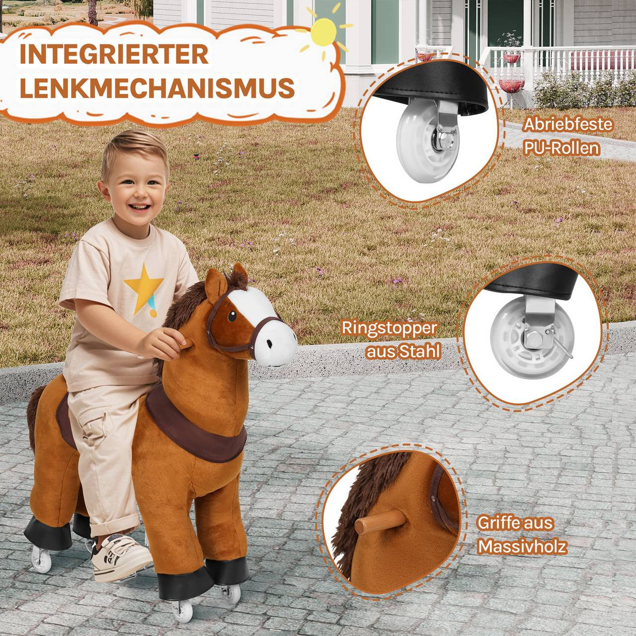 24goodz Plush Rocking Horse on Wheels - Innovative Drive System - Safe for Indoor and Outdoor Use - Plush and Metal - For Children from 4 years - Brown + White + Black