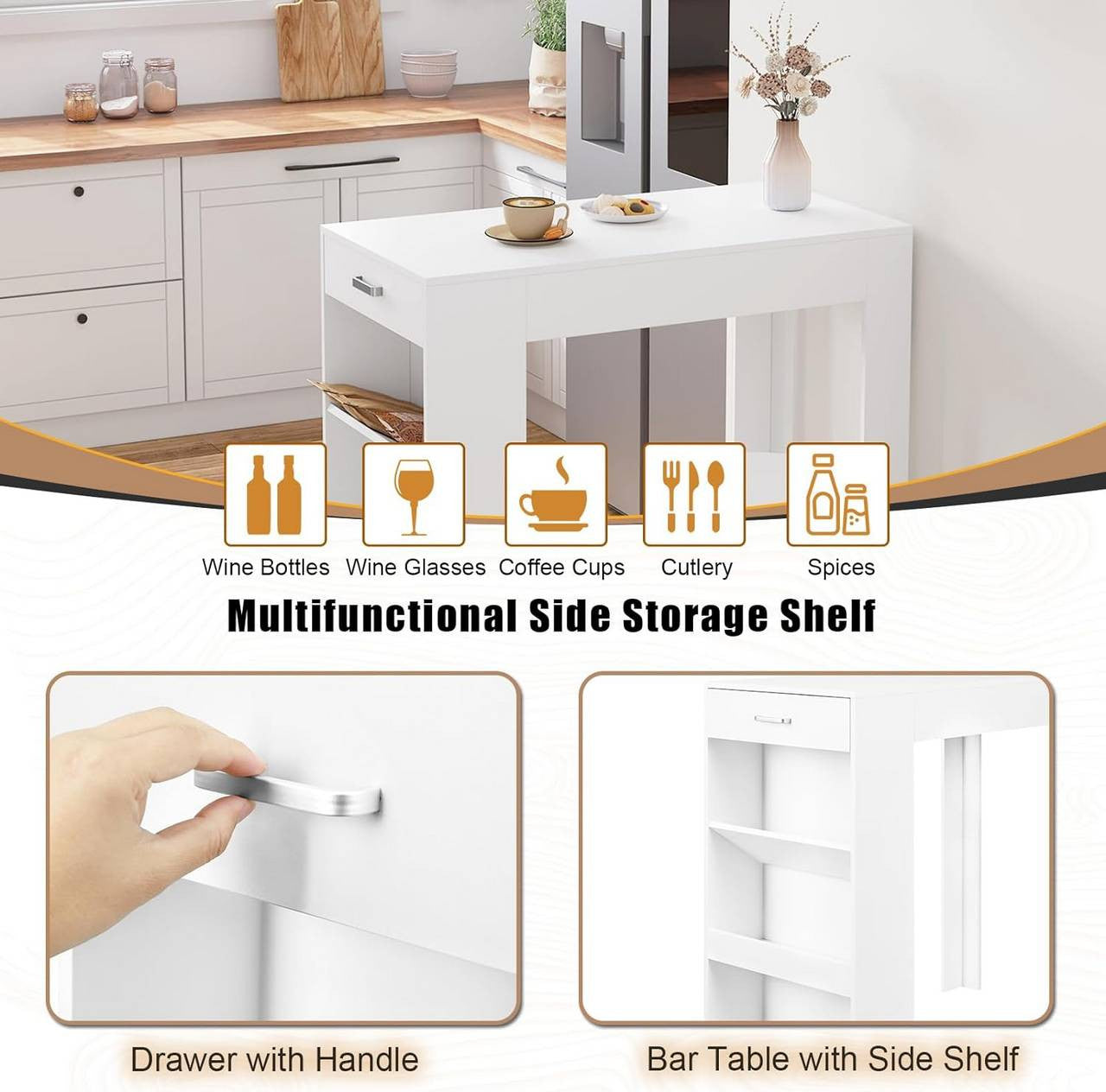 24goodz Multifunctional Bar Table - Spacious Design - Durable Wood - For Home Use - White + Wood Look