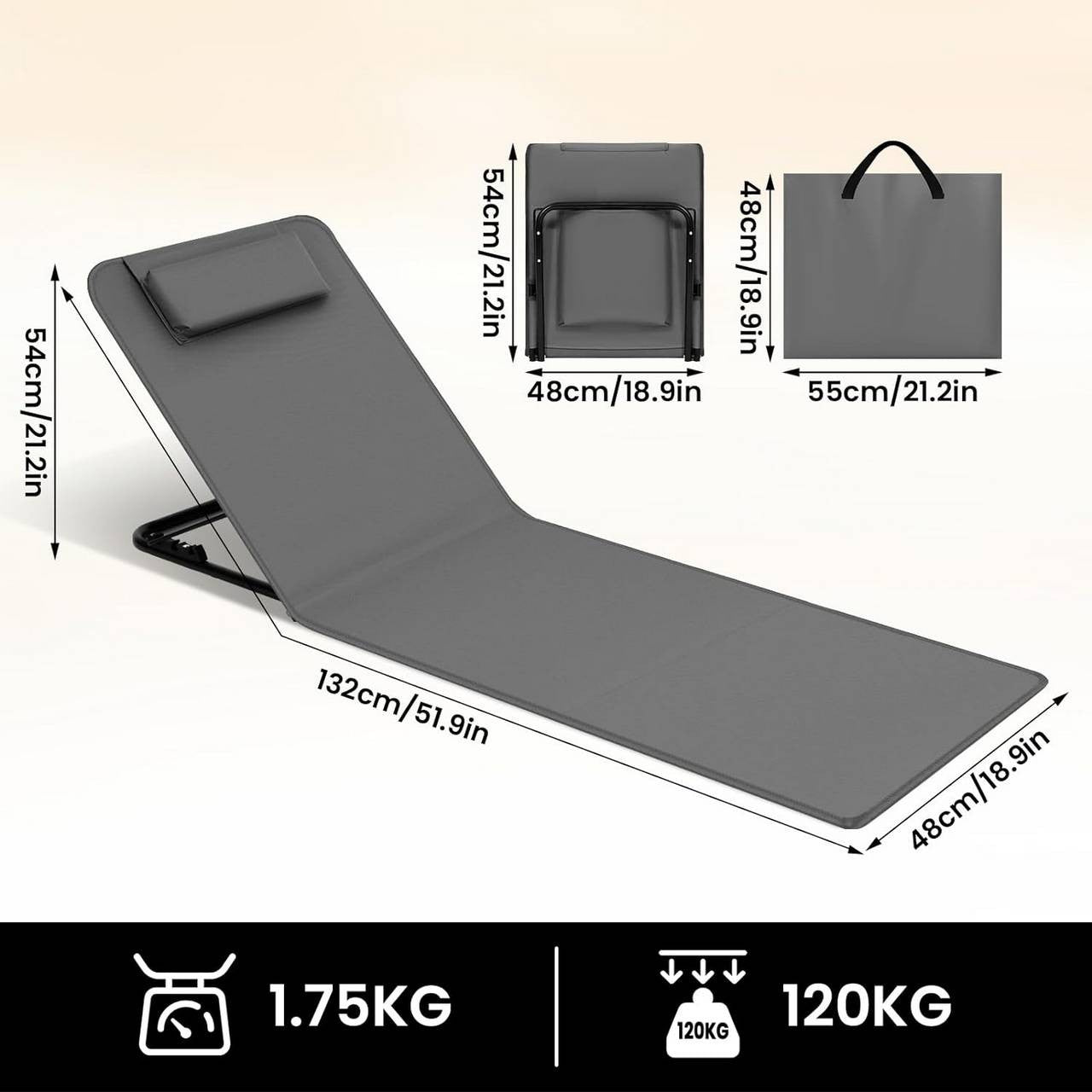 24goodz Foldable Beach Chair with Storage Pocket - Adjustable Backrest - Lightweight - Metal + Oxford Fabric - Dark Grey