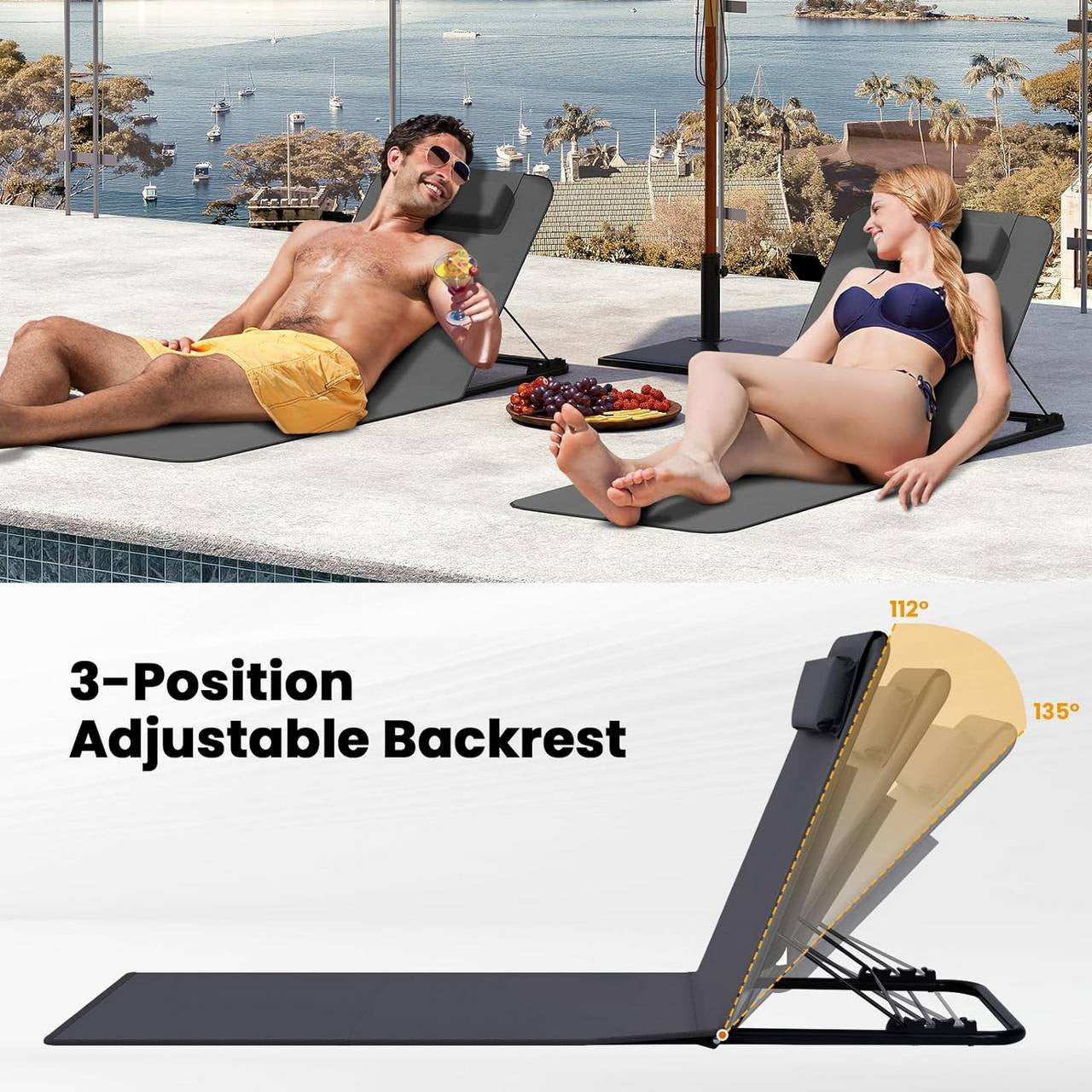 24goodz Foldable Beach Chair with Storage Pocket - Adjustable Backrest - Lightweight - Metal + Oxford Fabric - Dark Grey