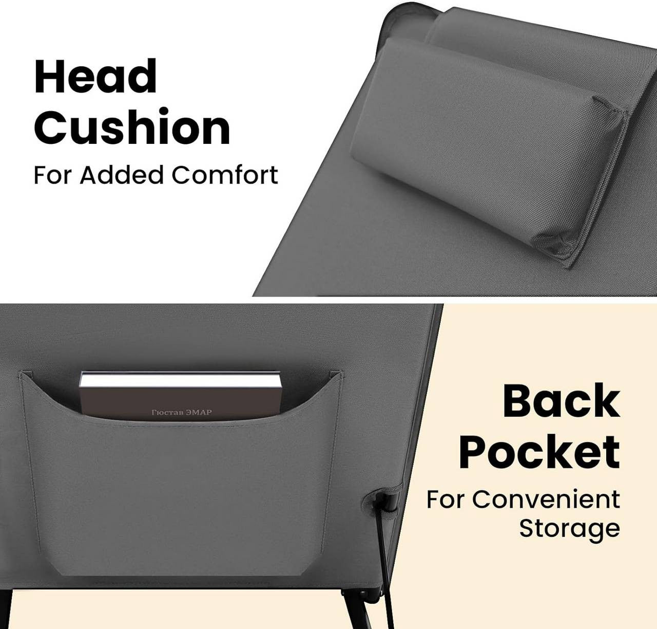 24goodz Foldable Beach Chair with Storage Pocket - Adjustable Backrest - Lightweight - Metal + Oxford Fabric - Dark Grey
