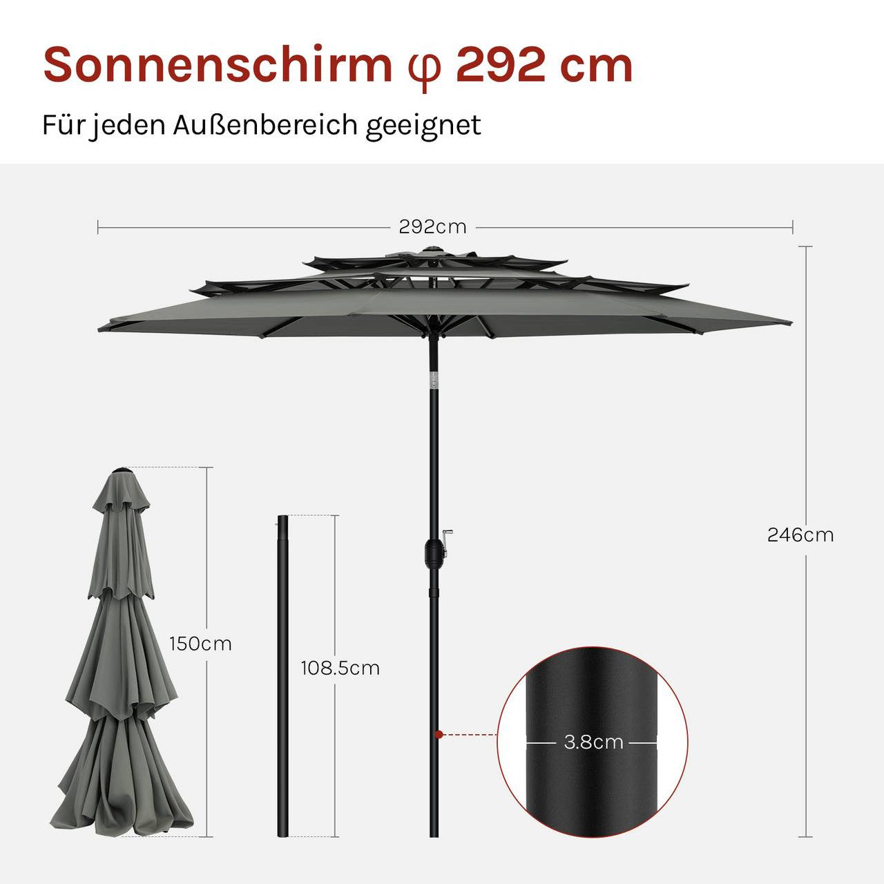 24goodz Parasol Ø292 cm - UV Protection - Easy to Use - 180g Polyester - For Gardens and Patios - Dark Grey