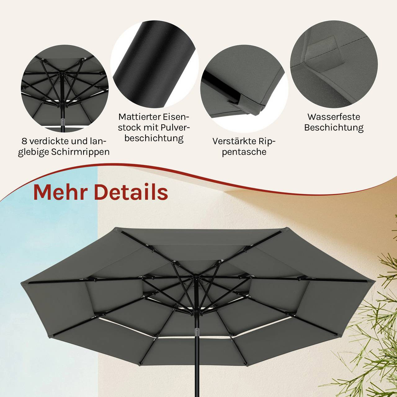 24goodz Parasol Ø292 cm - UV Protection - Easy to Use - 180g Polyester - For Gardens and Patios - Dark Grey