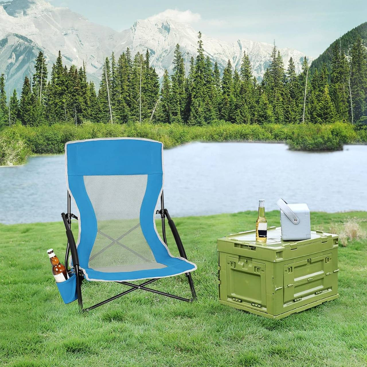 24goodz Folding Beach Chair - Comfortable Armrests - Lightweight and Portable - 600D Oxford Fabric - Blue