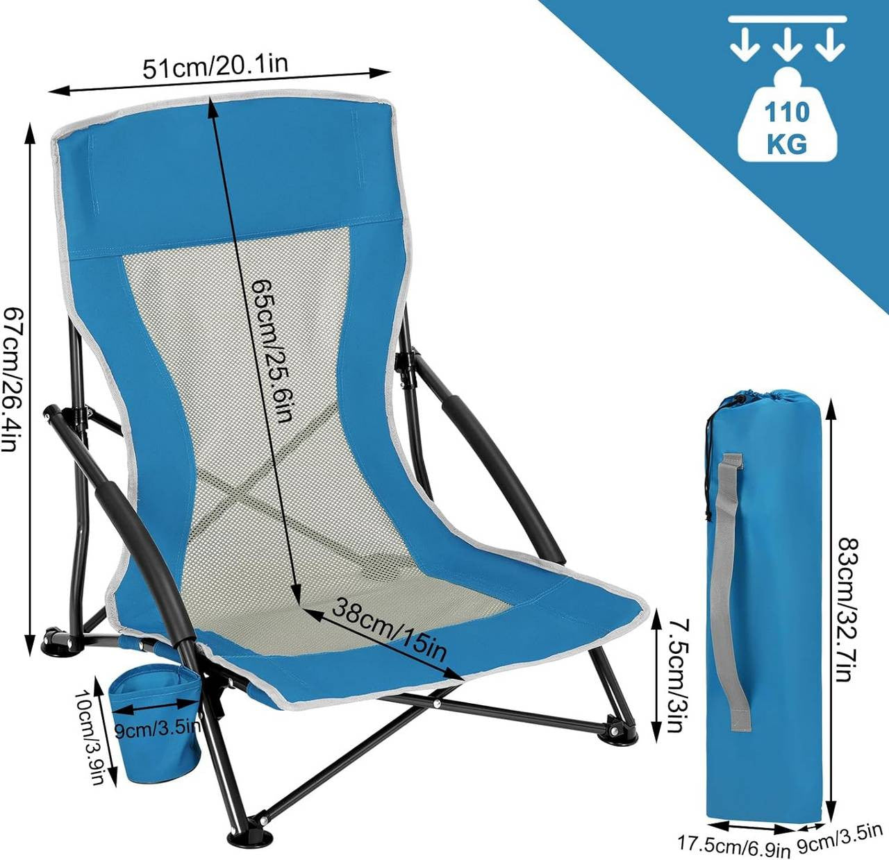 24goodz Folding Beach Chair - Comfortable Armrests - Lightweight and Portable - 600D Oxford Fabric - Blue