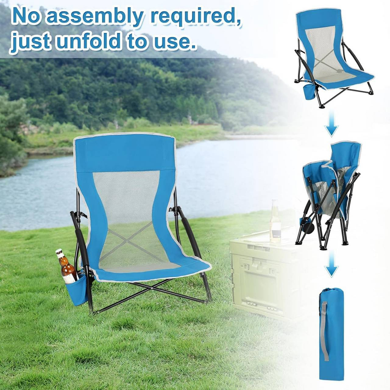 24goodz Folding Beach Chair - Comfortable Armrests - Lightweight and Portable - 600D Oxford Fabric - Blue