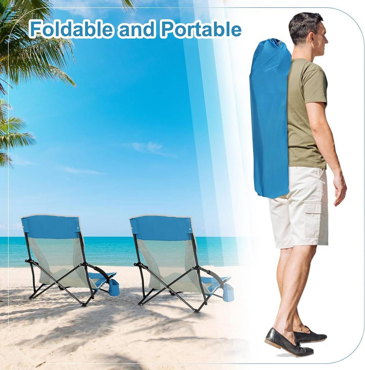 24goodz Folding Beach Chair - Comfortable Armrests - Lightweight and Portable - 600D Oxford Fabric - Blue
