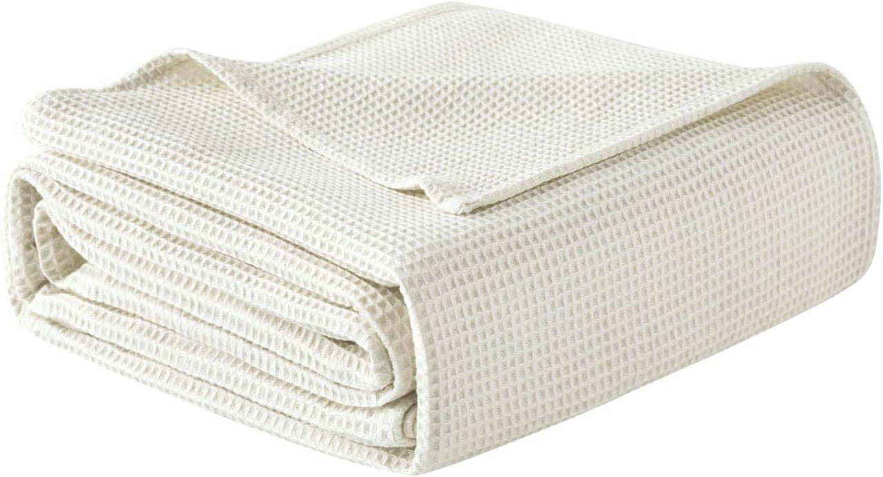 24goodz Waffle Look Throw Blanket - Soft & Lightweight - 100% Cotton - For Home & Living - Cream - 170 x 210 cm