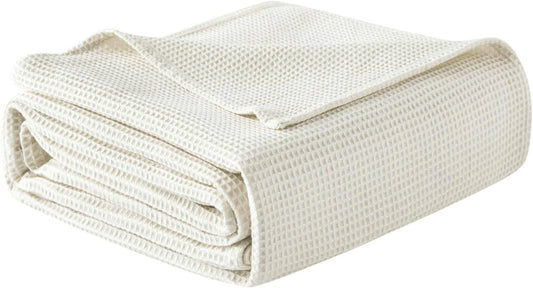 24goodz Waffle Look Throw Blanket - Soft & Lightweight - 100% Cotton - For Home & Living - Cream - 170 x 210 cm