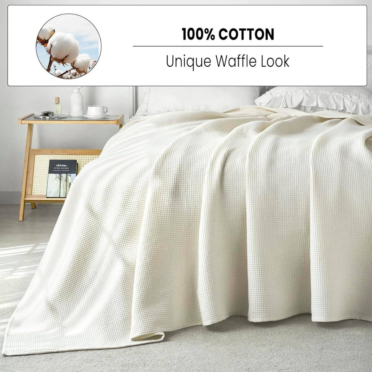 24goodz Waffle Look Throw Blanket - Soft & Lightweight - 100% Cotton - For Home & Living - Cream - 170 x 210 cm