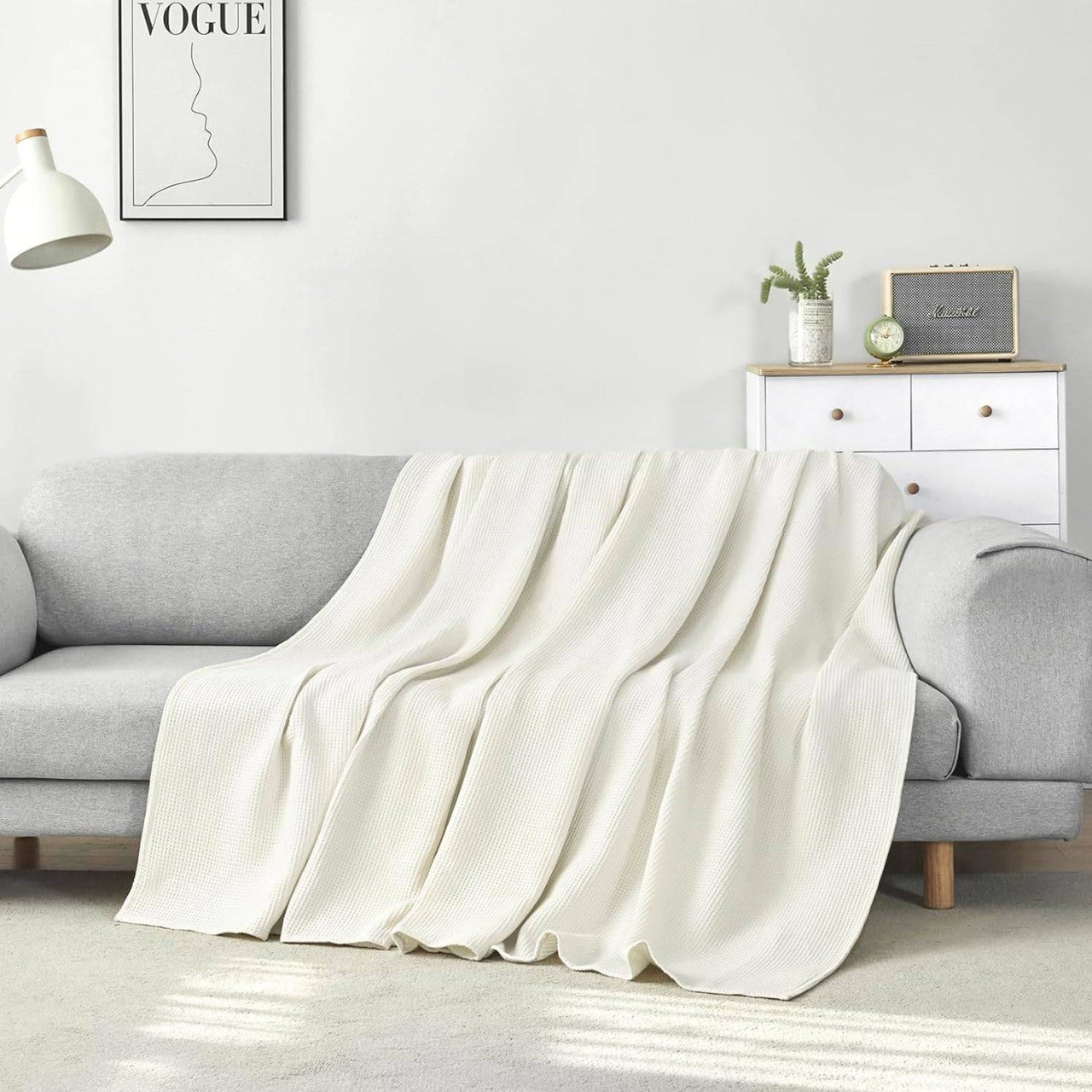 24goodz Waffle Look Throw Blanket - Soft & Lightweight - 100% Cotton - For Home & Living - Cream - 170 x 210 cm