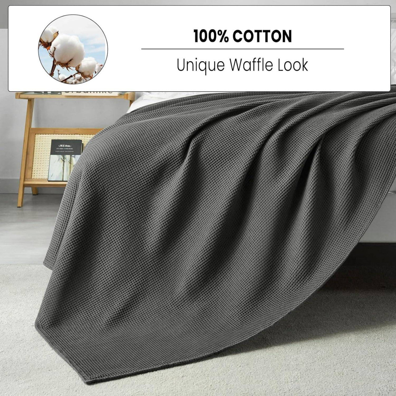 24goodz Waffle Look Throw Blanket - Soft and Breathable - 100% Cotton - For Home Decor - Dark Grey - 150 x 200 cm