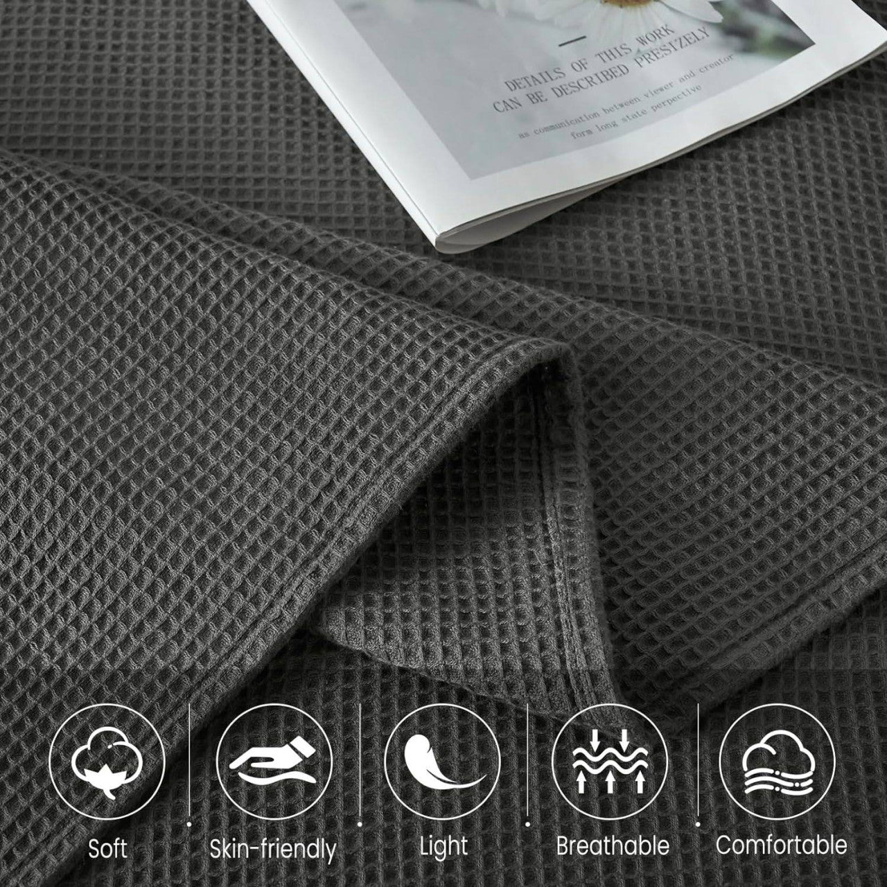 24goodz Waffle Look Throw Blanket - Soft and Breathable - 100% Cotton - For Home Decor - Dark Grey - 150 x 200 cm