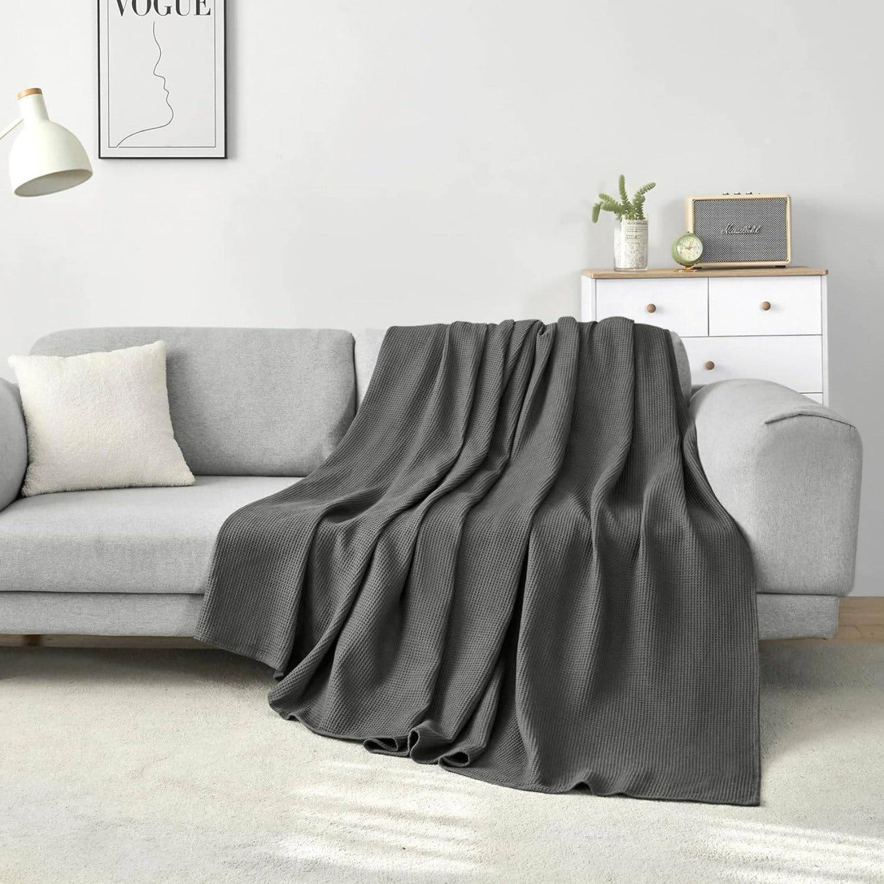 24goodz Waffle Look Throw Blanket - Soft and Breathable - 100% Cotton - For Home Decor - Dark Grey - 150 x 200 cm