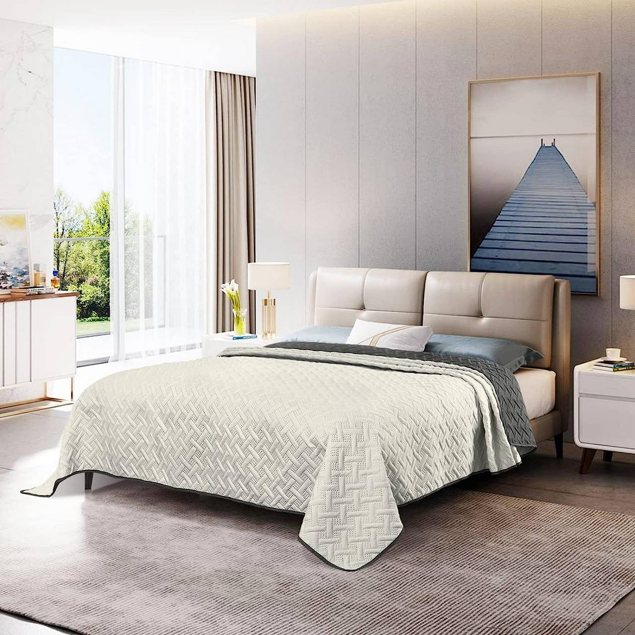 24goodz Geometric Pattern Bedspread - Reversible Design - 100% Microfiber - For All Seasons - Dark Grey/Cream - 170 x 210 cm