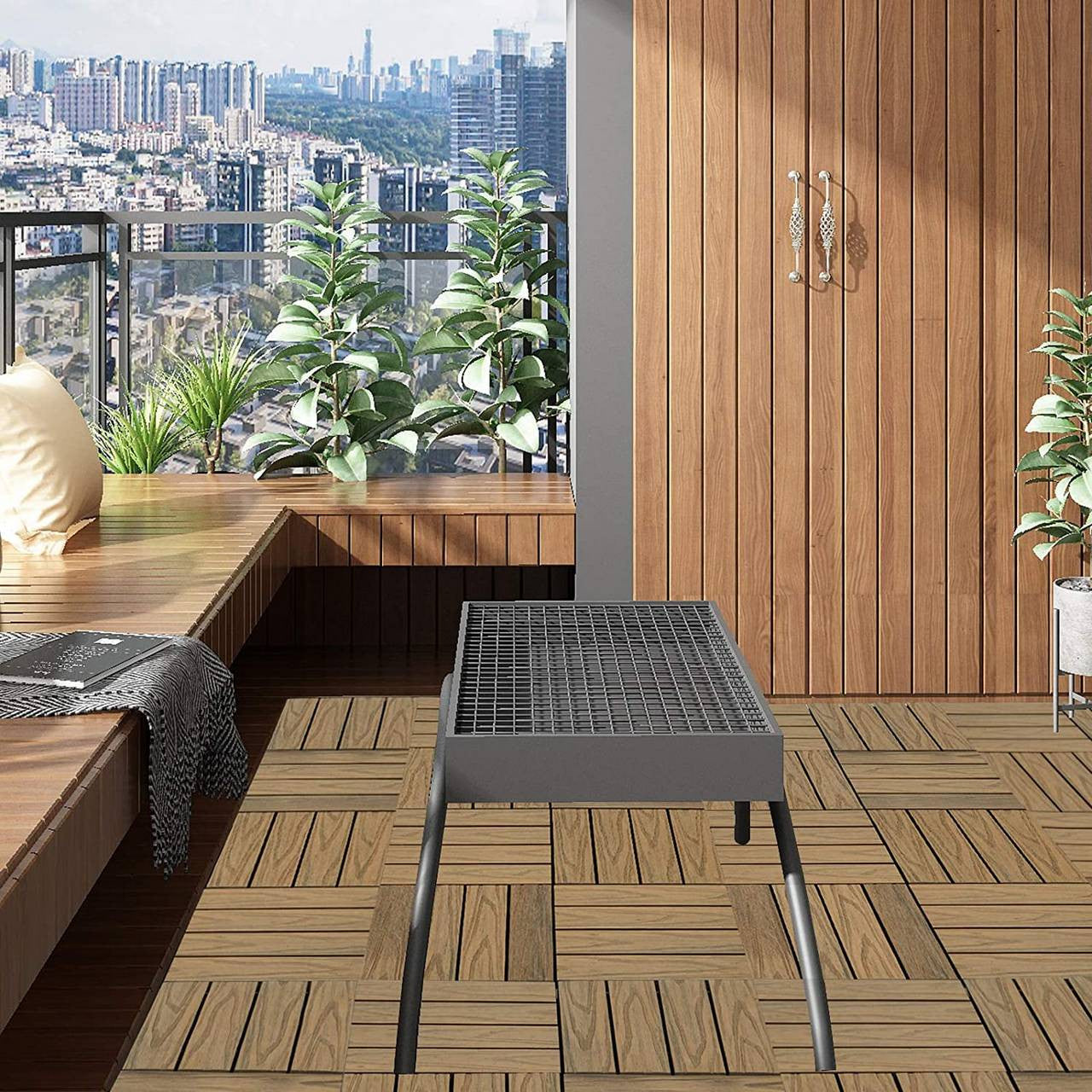 24goodz Set of 22 WPC Floor Tiles - Eco-Friendly and Water Resistant - Wood Plastic Composite - For Outdoor Spaces - Light Brown - hbr