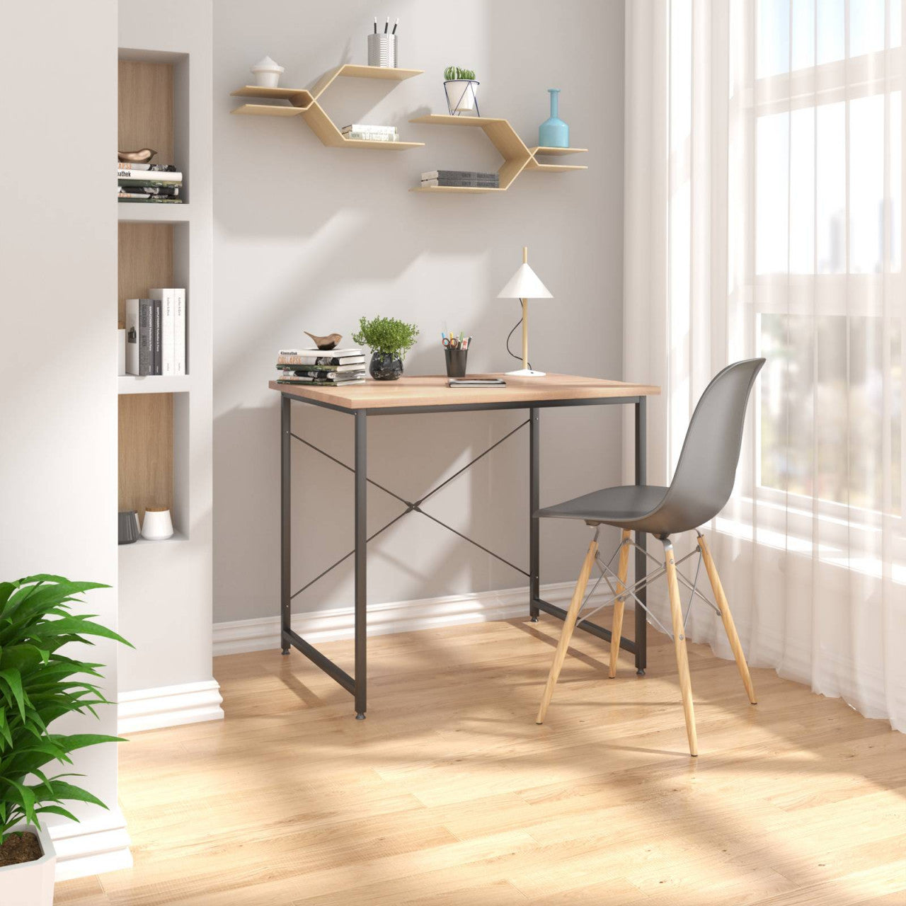 24goodz Compact Office Desk - Durable and Water-Resistant - E1 Wood and Steel - For Home and Office - Light Oak + Black - 60 x 70 x 80 cm - hei