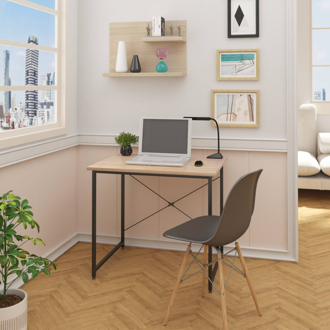 24goodz Compact Office Desk - Durable and Water-Resistant - E1 Wood and Steel - For Home and Office - Light Oak + Black - 60 x 70 x 80 cm - hei