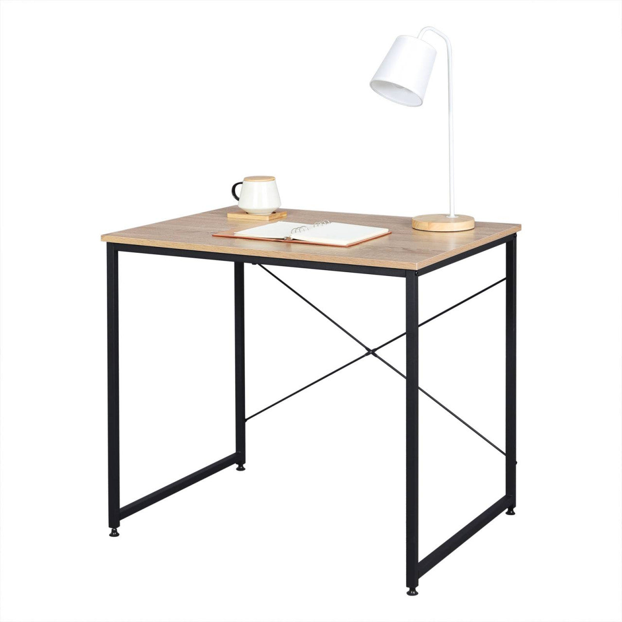 24goodz Compact Office Desk - Durable and Water-Resistant - E1 Wood and Steel - For Home and Office - Light Oak + Black - 60 x 70 x 80 cm - hei