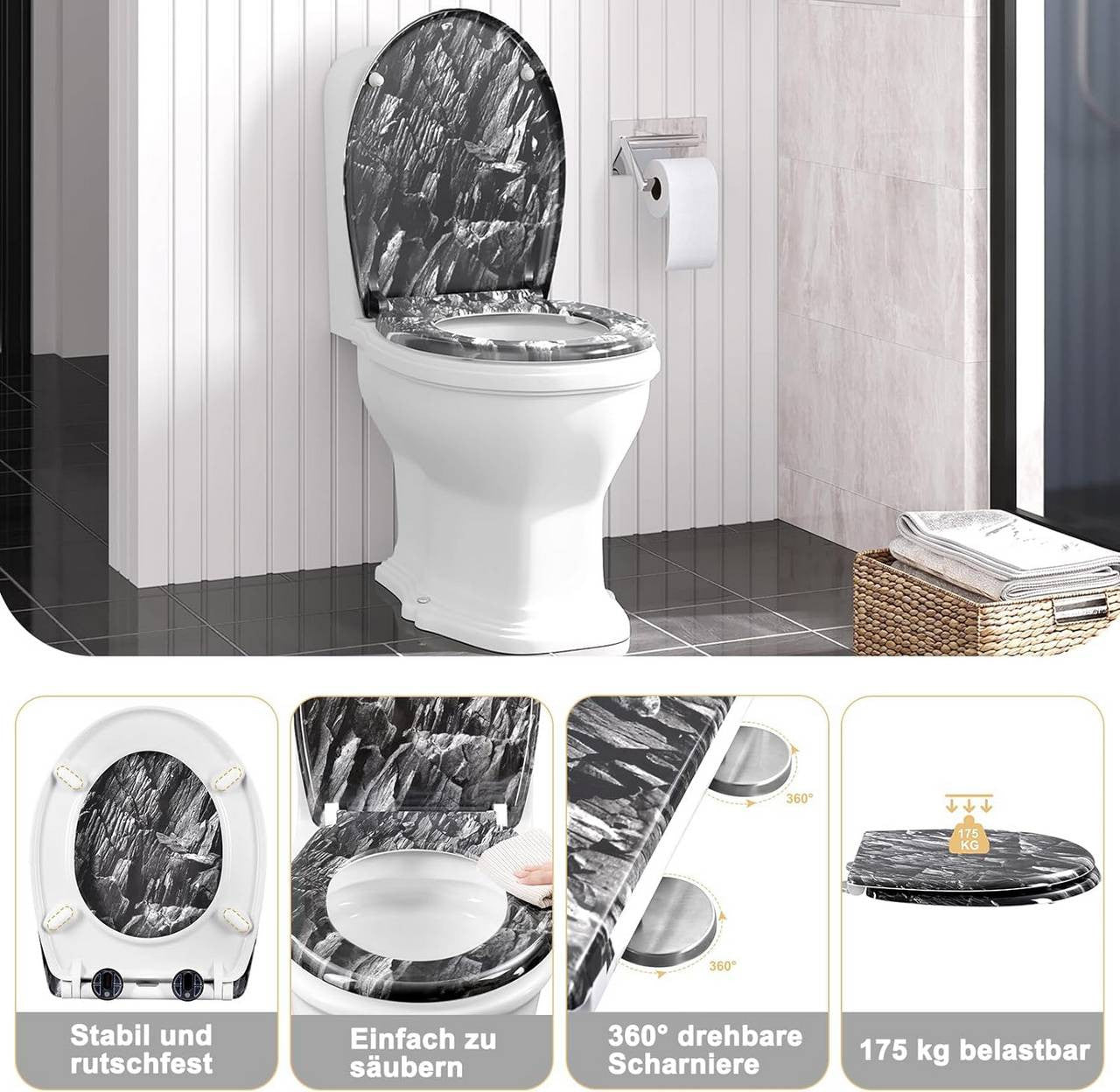 24goodz Soft Close Toilet Seat - High-Quality Thermoset Material - Quick Release Mechanism - Thermoset + Stainless Steel - O-Shaped - 37 x 47.5 cm