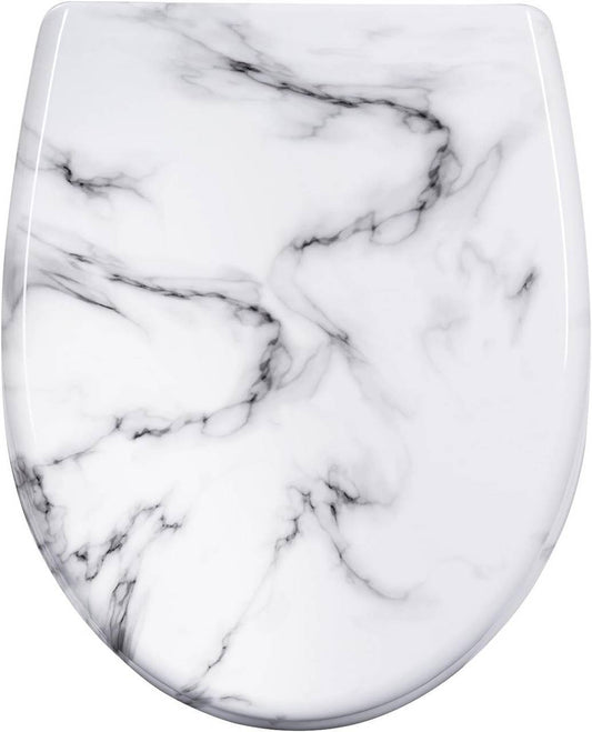 24goodz Toilet Seat - Soft Close Mechanism - Easy to Clean - Thermoset and Stainless Steel - White Marble Pattern
