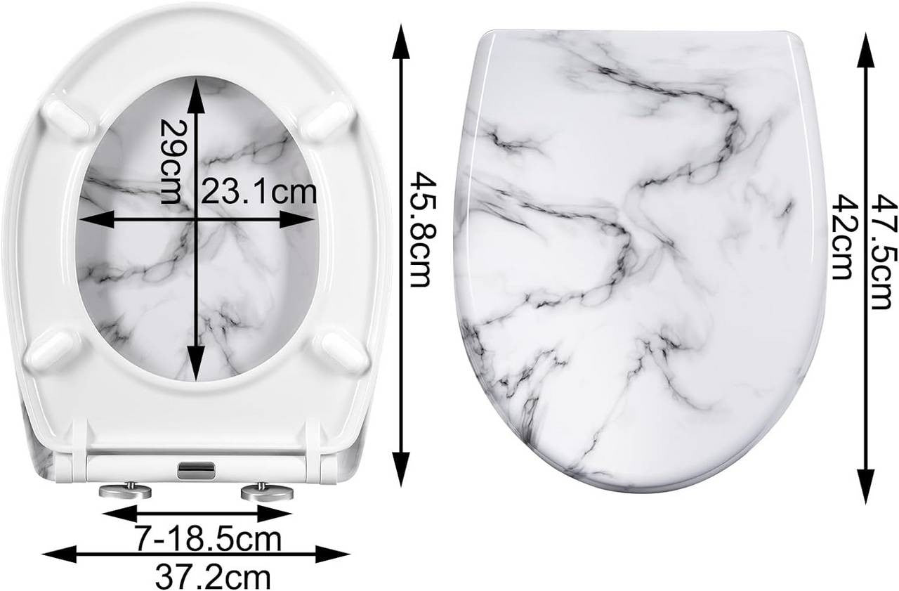 24goodz Toilet Seat - Soft Close Mechanism - Easy to Clean - Thermoset and Stainless Steel - White Marble Pattern