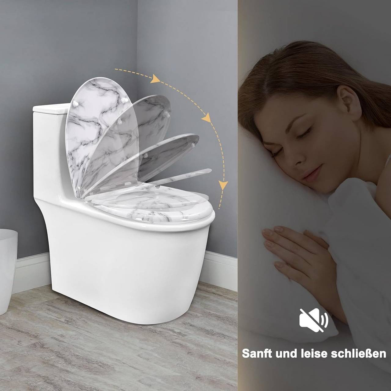 24goodz Toilet Seat - Soft Close Mechanism - Easy to Clean - Thermoset and Stainless Steel - White Marble Pattern