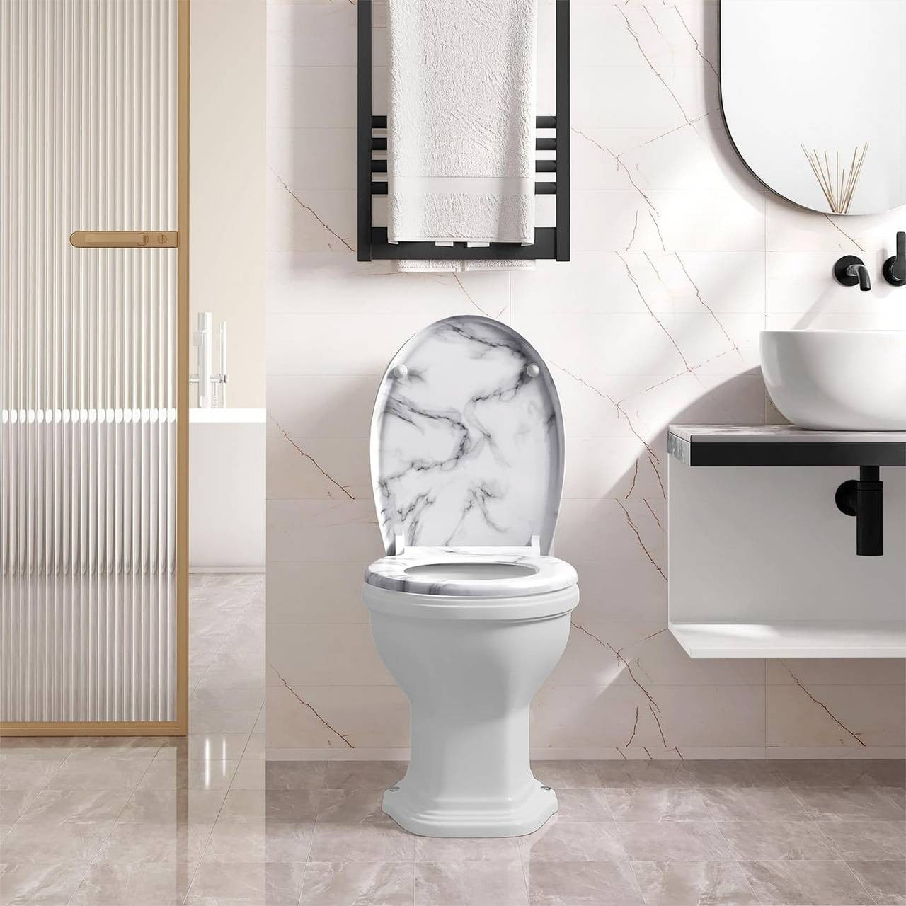 24goodz Toilet Seat - Soft Close Mechanism - Easy to Clean - Thermoset and Stainless Steel - White Marble Pattern
