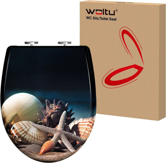 24goodz Soft-Close Toilet Seat - Quiet and Gentle Closure - Duroplast - Suitable for Standard O-Shaped Toilets - Sea Pattern