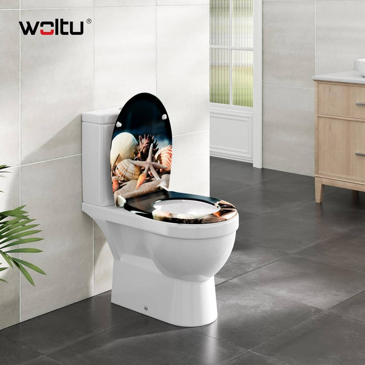 24goodz Soft-Close Toilet Seat - Quiet and Gentle Closure - Duroplast - Suitable for Standard O-Shaped Toilets - Sea Pattern