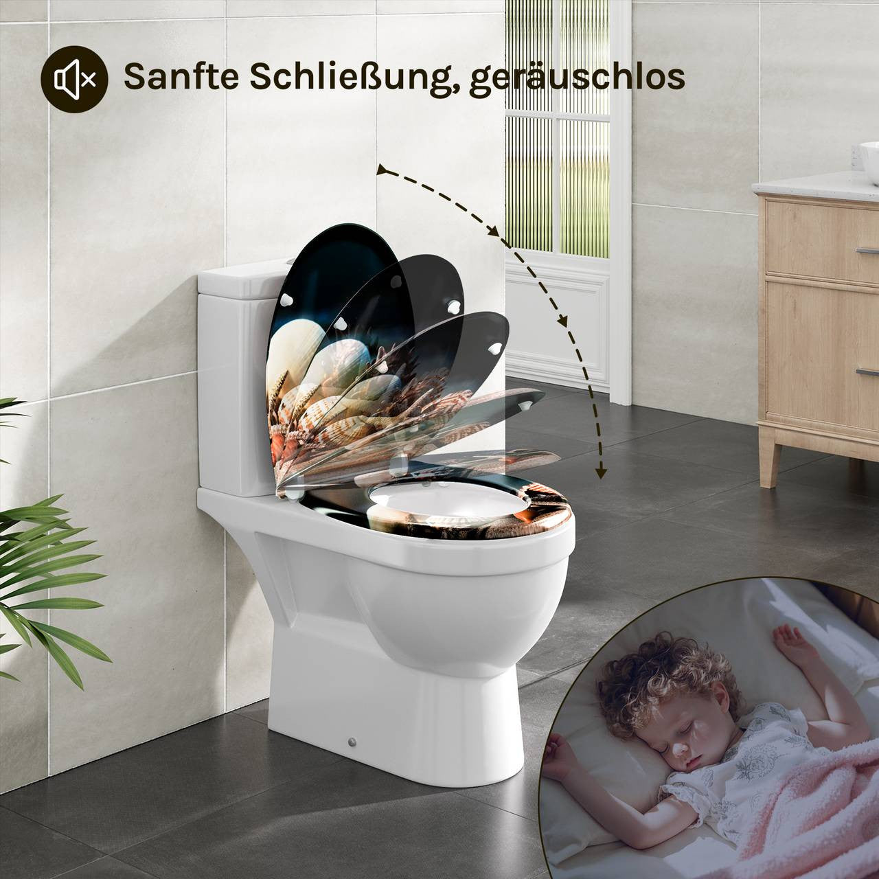 24goodz Soft-Close Toilet Seat - Quiet and Gentle Closure - Duroplast - Suitable for Standard O-Shaped Toilets - Sea Pattern