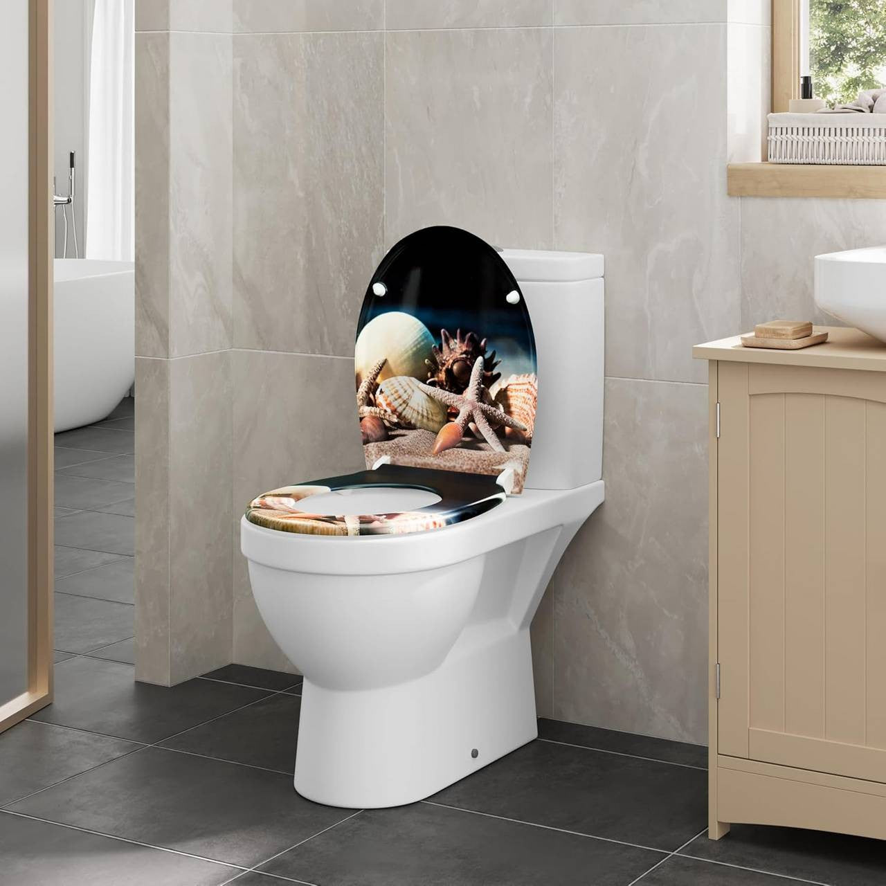 24goodz Soft-Close Toilet Seat - Quiet and Gentle Closure - Duroplast - Suitable for Standard O-Shaped Toilets - Sea Pattern