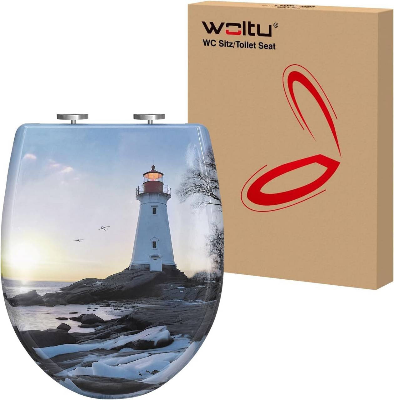 24goodz Toilet Seat with Soft-Close Mechanism - Durable and Easy to Clean - Duroplast - For Everyone - Lighthouse Pattern