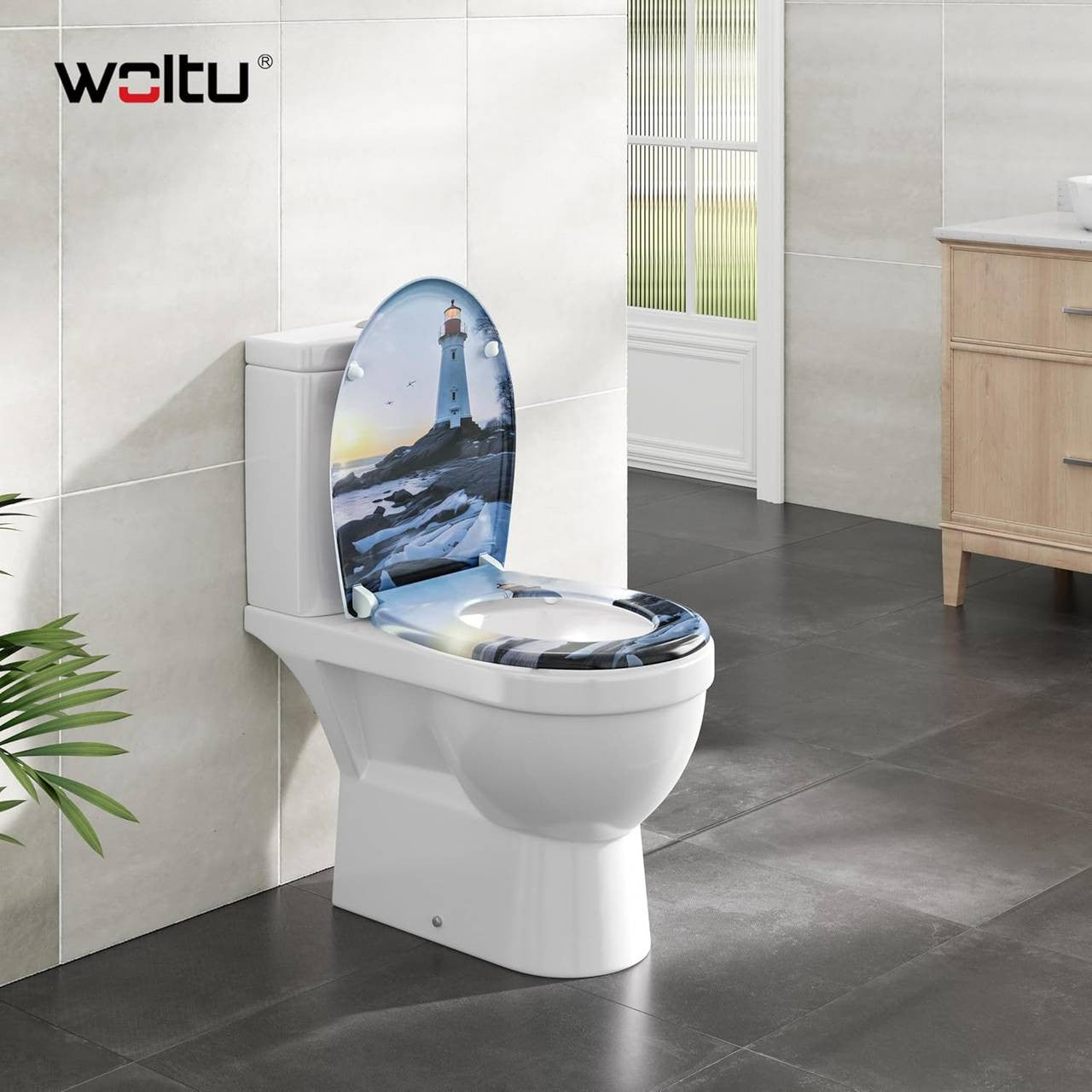 24goodz Toilet Seat with Soft-Close Mechanism - Durable and Easy to Clean - Duroplast - For Everyone - Lighthouse Pattern