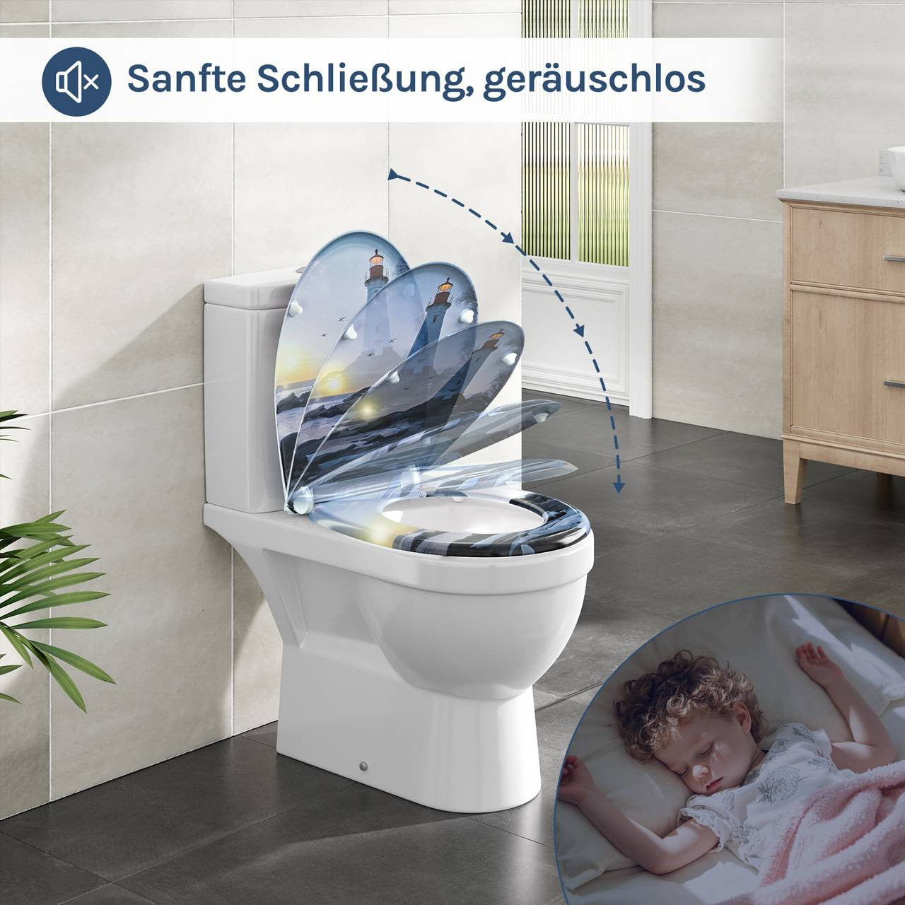 24goodz Toilet Seat with Soft-Close Mechanism - Durable and Easy to Clean - Duroplast - For Everyone - Lighthouse Pattern