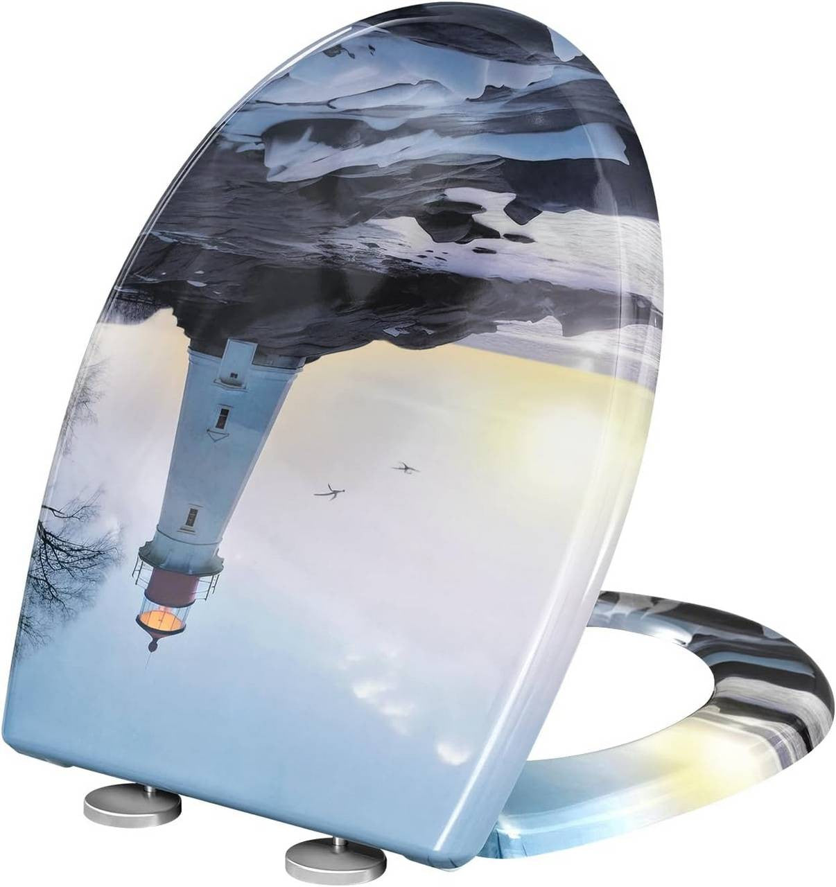 24goodz Toilet Seat with Soft-Close Mechanism - Durable and Easy to Clean - Duroplast - For Everyone - Lighthouse Pattern