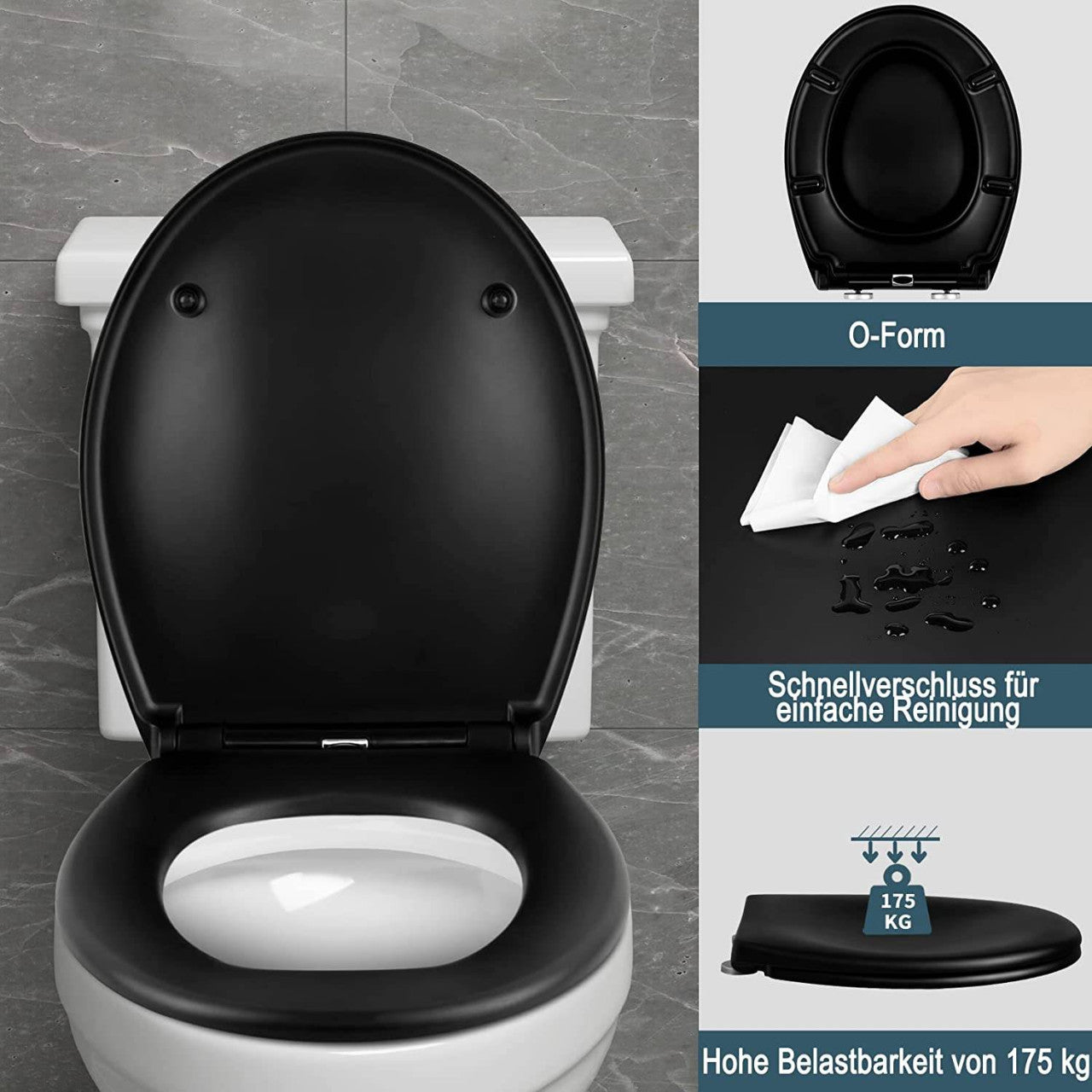 24goodz Premium Toilet Seat - Soft-Close Mechanism for Quiet Use - Durable Duroplast - Universal Fit for Oval Toilets - Matte Black