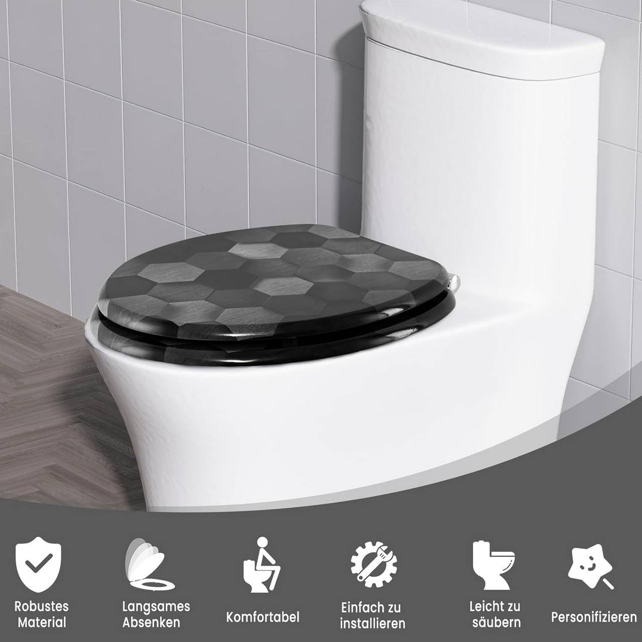 24goodz Soft Close Toilet Seat - Automatic Lowering Mechanism - Sturdy MDF - For Standard O-Shaped Toilets - Grey Honeycomb Pattern