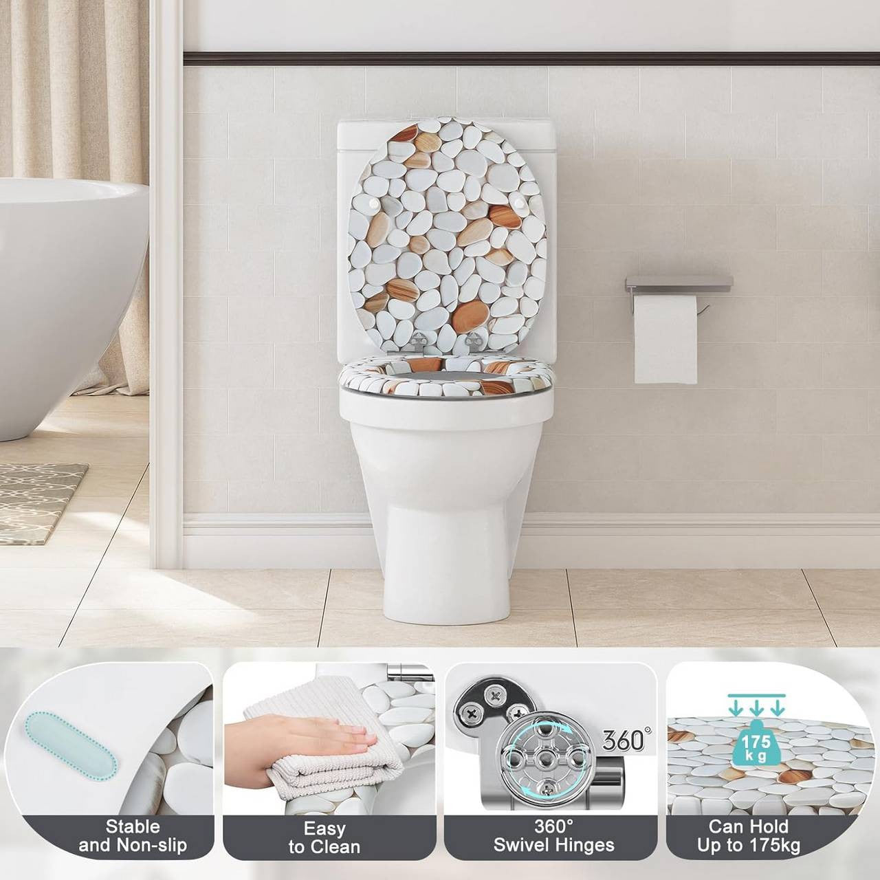 24goodz Soft Close Toilet Seat - Quiet and Gentle Closing - MDF - For Standard O-Shaped Toilets - 37.8 x 43.5 cm