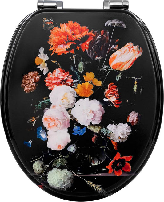 24goodz Soft-Close Toilet Seat - Automatic Lowering Mechanism - Easy to Clean - MDF - Floral Design - 46 x 37.5 cm