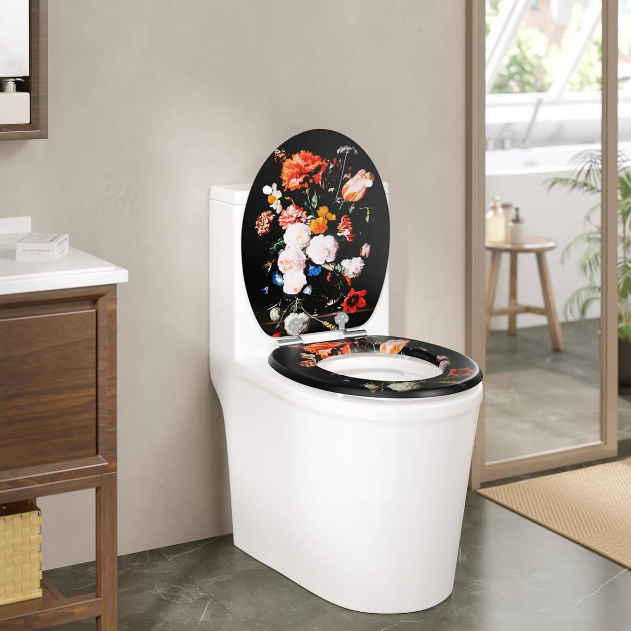24goodz Soft-Close Toilet Seat - Automatic Lowering Mechanism - Easy to Clean - MDF - Floral Design - 46 x 37.5 cm