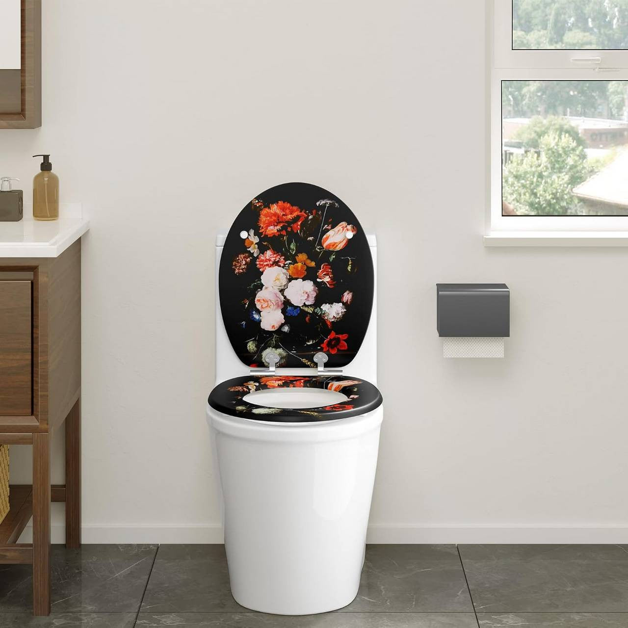 24goodz Soft-Close Toilet Seat - Automatic Lowering Mechanism - Easy to Clean - MDF - Floral Design - 46 x 37.5 cm
