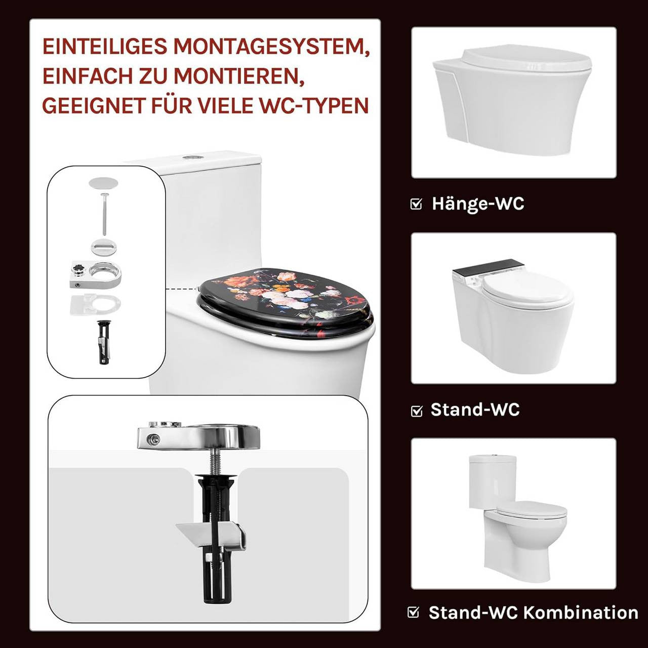 24goodz Soft-Close Toilet Seat - Automatic Lowering Mechanism - Easy to Clean - MDF - Floral Design - 46 x 37.5 cm