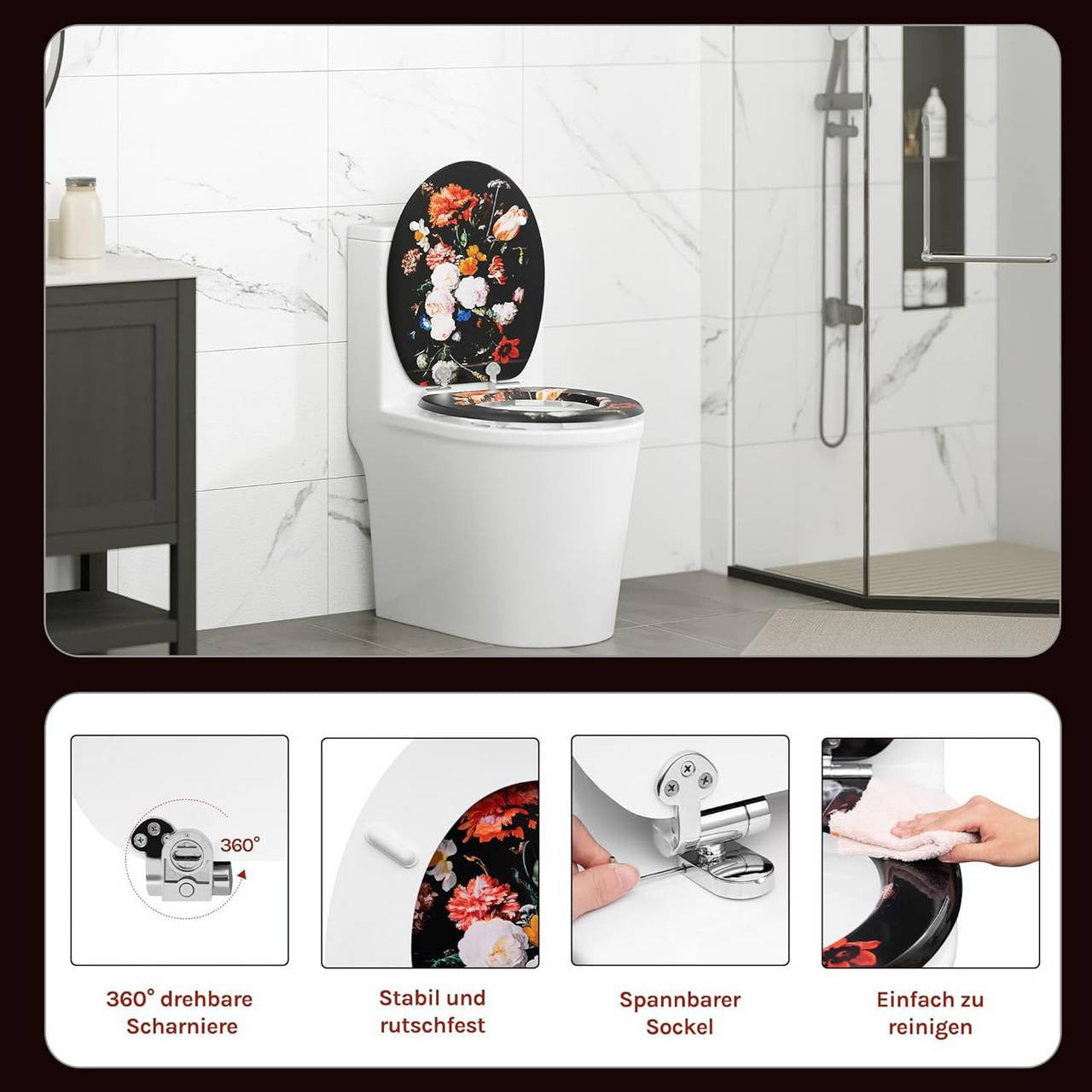 24goodz Soft-Close Toilet Seat - Automatic Lowering Mechanism - Easy to Clean - MDF - Floral Design - 46 x 37.5 cm