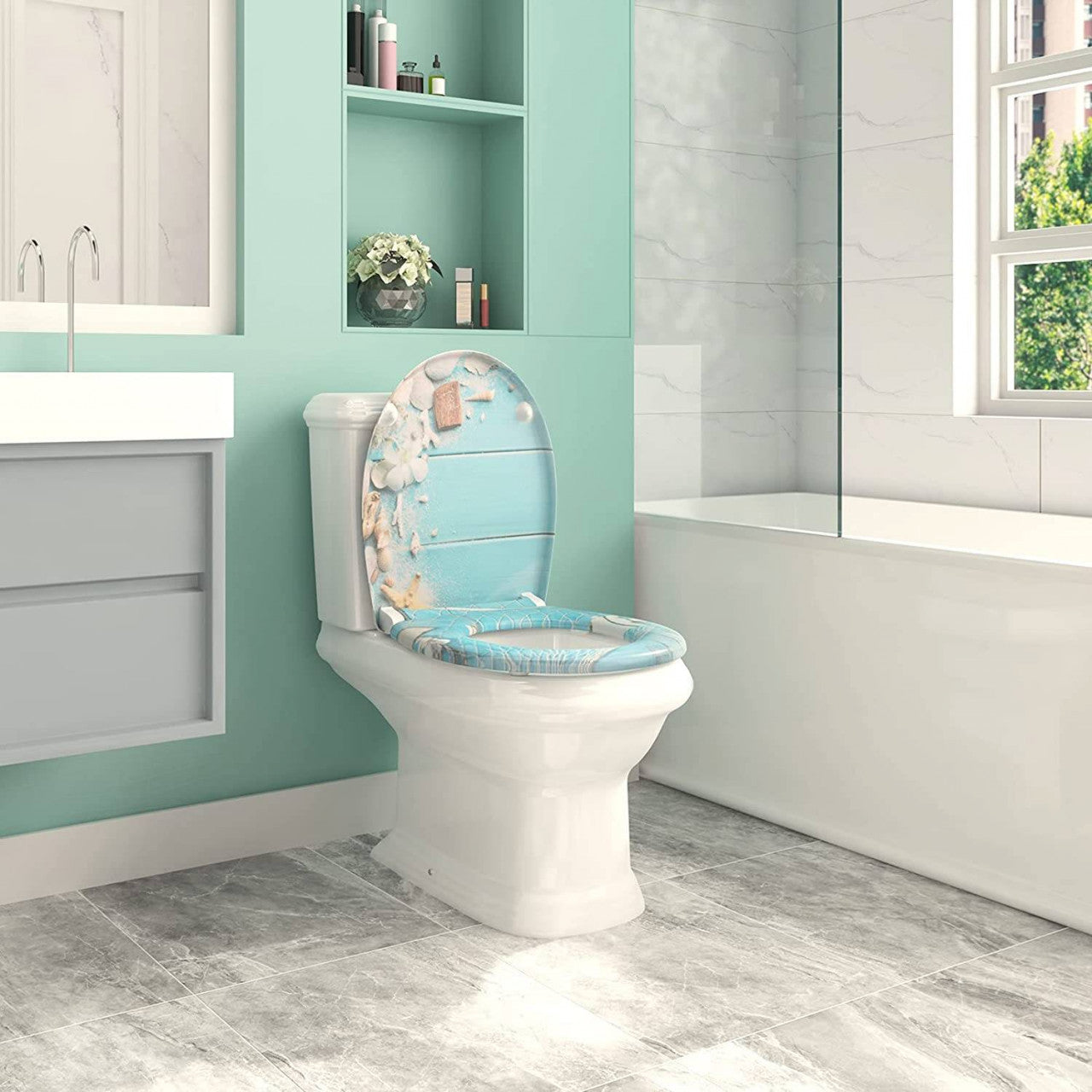 24goodz Soft-Close Toilet Seat - Easy to Clean - Durable Duroplast - For Standard Oval Toilets - Printed + White